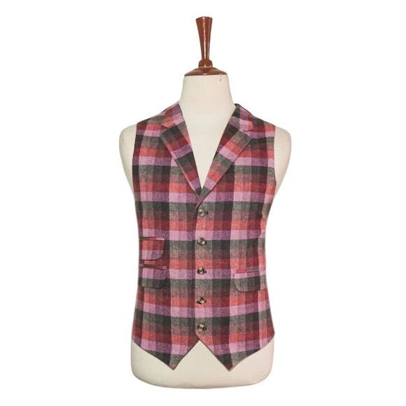 Mens Wool Vest 46R Red Pink Brown Plaid Check Waistcoat Preppy Casual Party